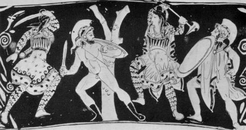 battle on foot between Amazons and Greeks