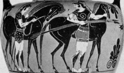 two Amazons leading their horses