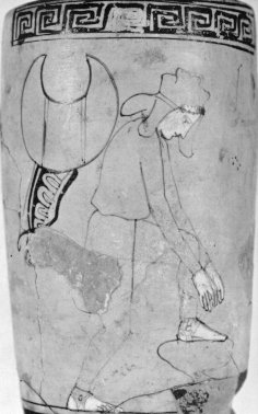 Amazon in Scythian costume ties the thongs of her ankle-guard