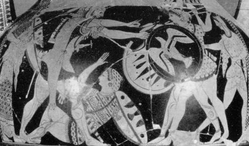 Herakles und Athena gegen vier Amazonen