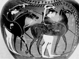 Amazons leading horses