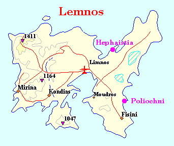 Landkarte der Insel Lemnos (auch Limnos) in der Nordägäis